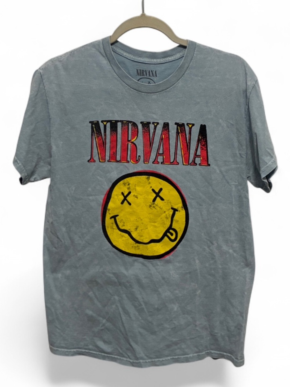 NIRVANA Light Blue Tee with Red Logo and Yellow Smiley